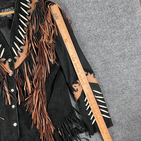 Leather Gallery Jacket Womens XL Black Suede Fringe Western Bone Studded Cowgirl - Picture 10 of 13